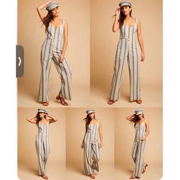 Knot Sisters Lana Jumpsuit linen blend small natural blue stripe zipper side - Picture 9 of 10